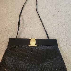 Salvatore Ferragamo Black Textured Crossbody Bag with Gold Accent